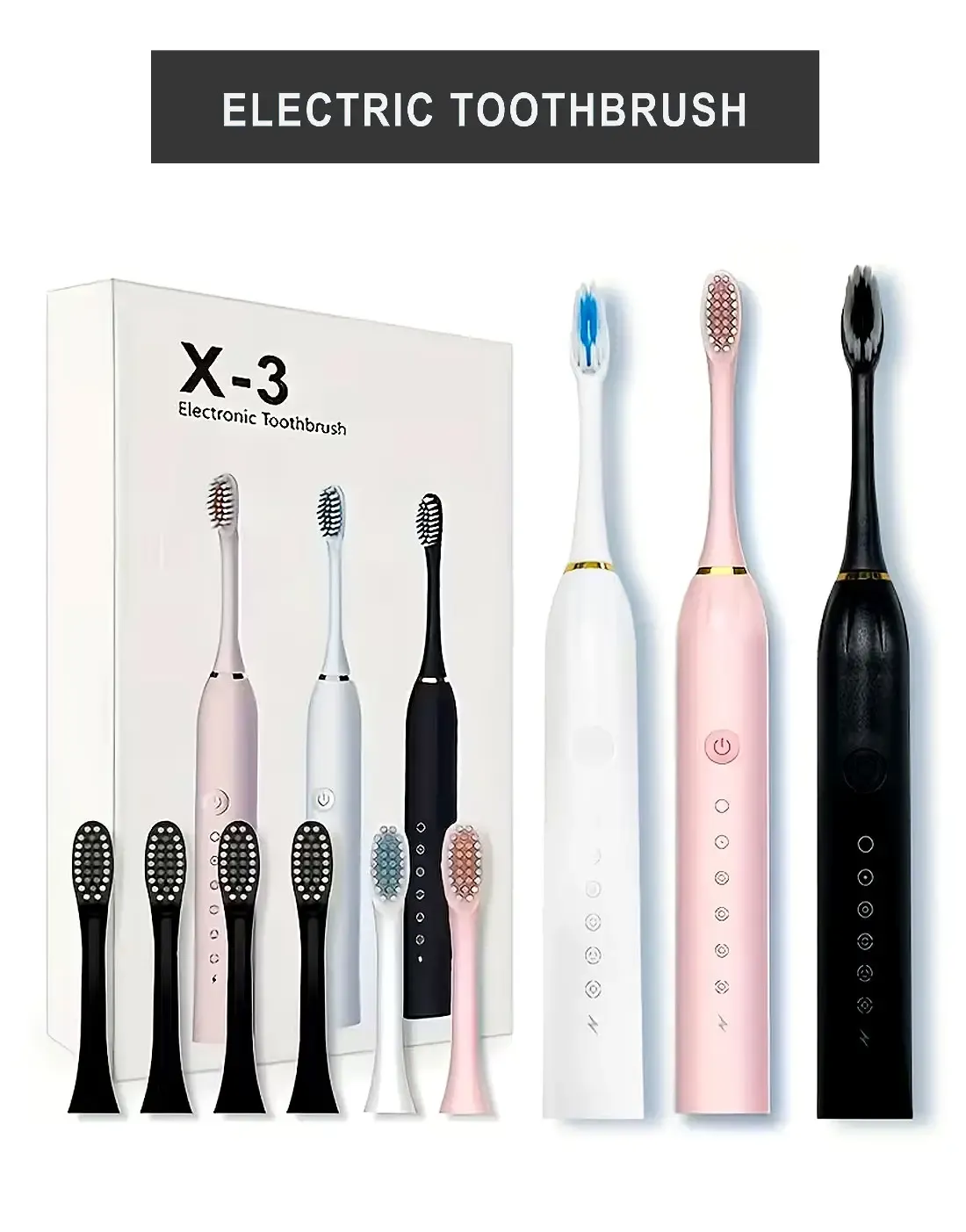 X-3 Sonic Electric Toothbrush with Replacement Heads – USB Rechargeable - Image 3