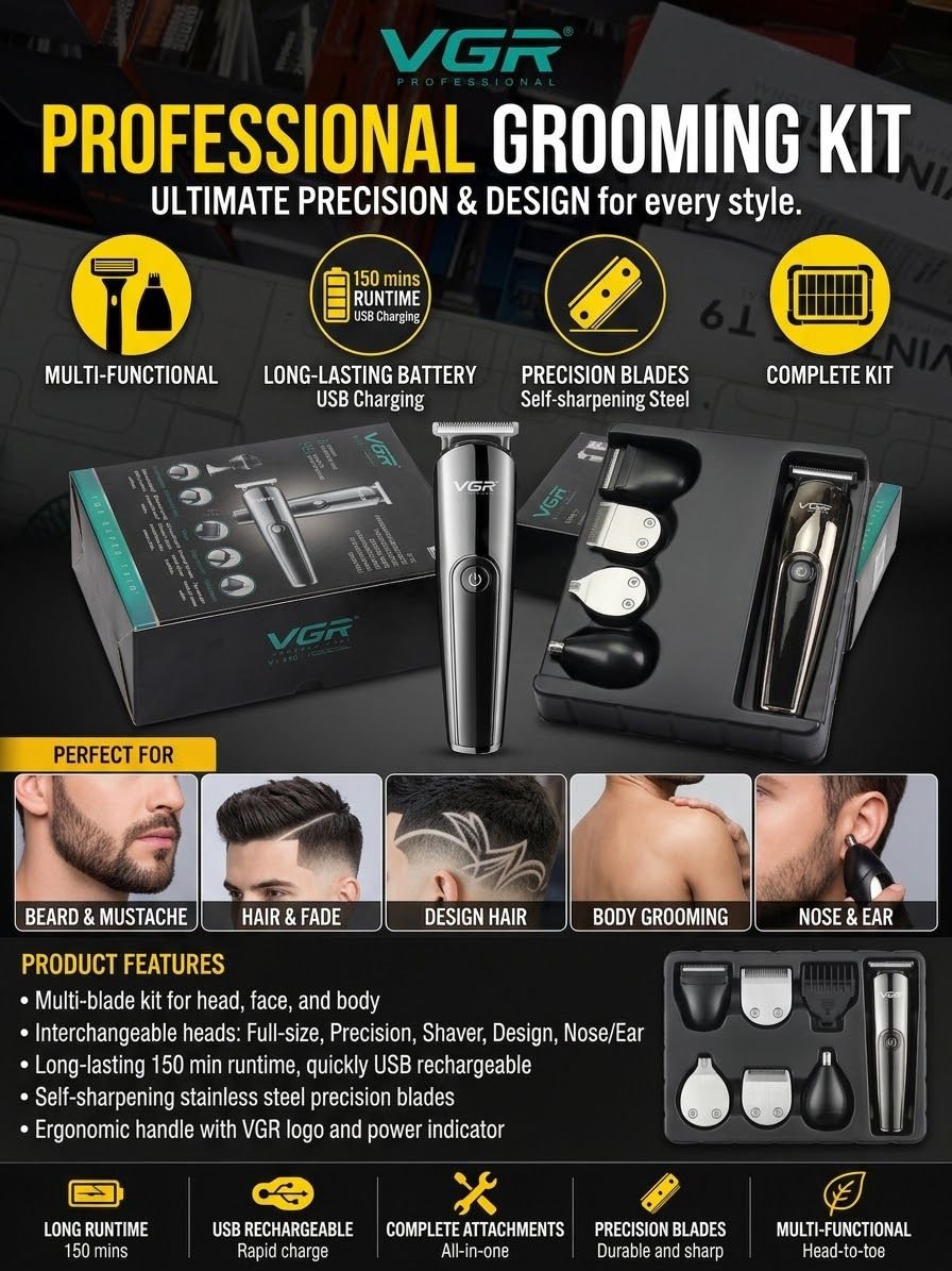 VGR V-107 11-In-1 Professional Grooming Kit With Multiple Attachments For Complete Personal Care - Image 2